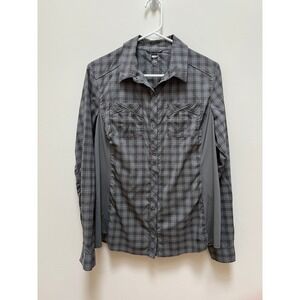 REI Button Down Shirt Womens L Grey Plaid Hiking Long Sleeve Stretch Pockets